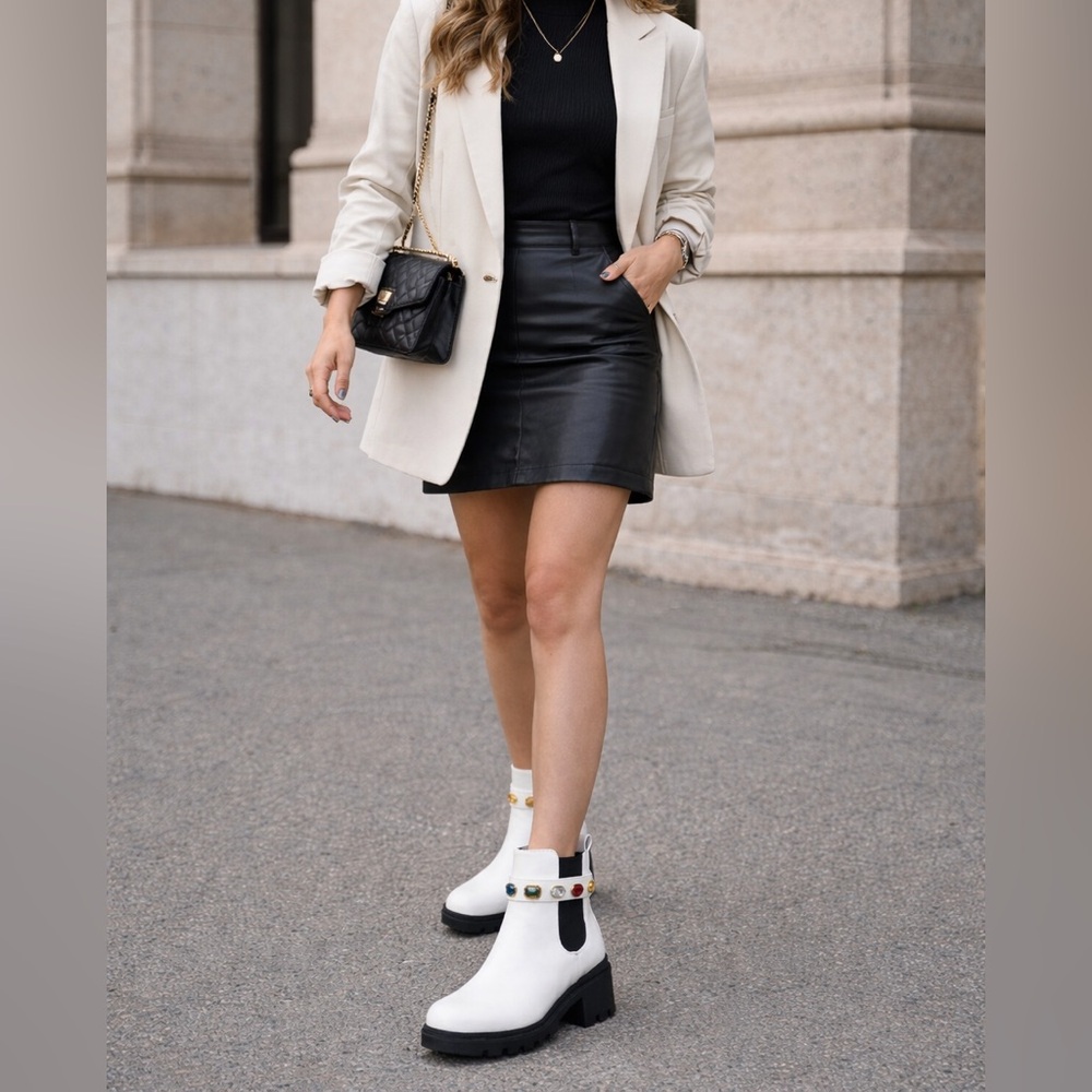 Forever Link White Leather Combat Boots with Black Soles